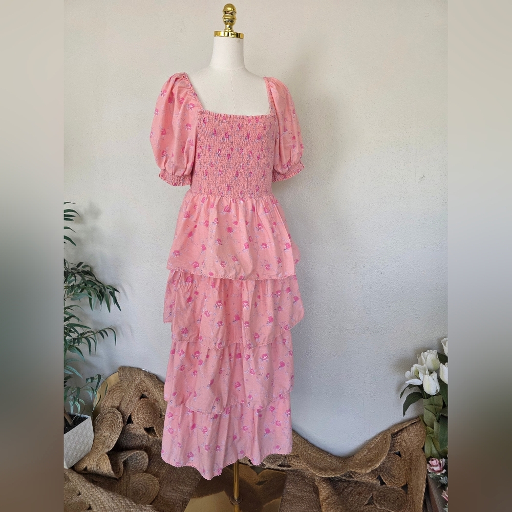 LoveShackFancy Pink Floral Tiered Maxi DressSmocked Tiered L - Picture 7 of 14